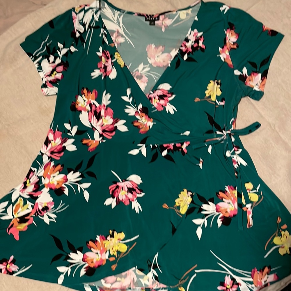 Green Blouse with Pink Floral Design